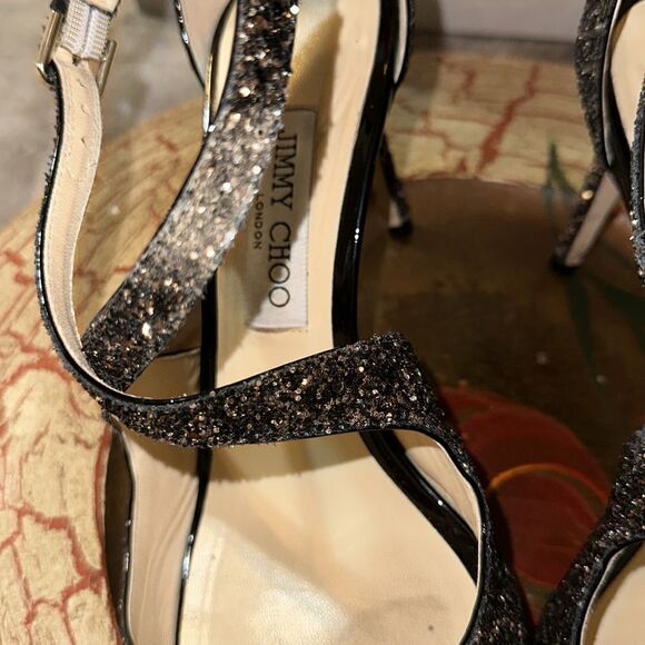 Jimmy Choo 11/41 Emily 85 Bronze Mix Midnight Coarse Glitter Heels Sandals - Picture 15 of 17